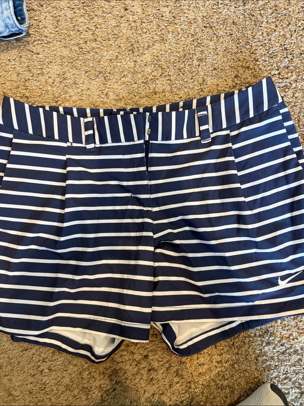 Nike Navy and White Striped Athletic Shorts